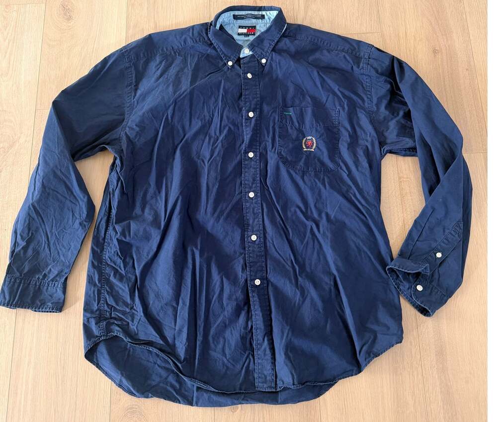 Tommy Hilfiger Men's XL Navy Button Down Shirt Embroidered Crest Long Sleeve